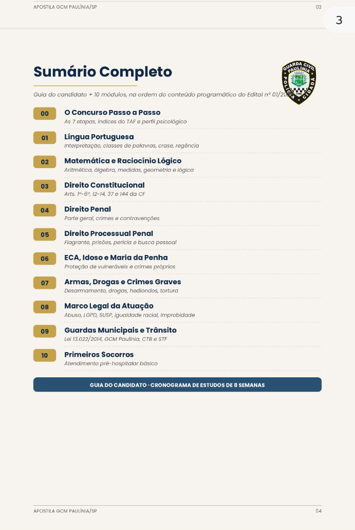 Sumário da Apostila Guarda Municipal Paulínia 2026